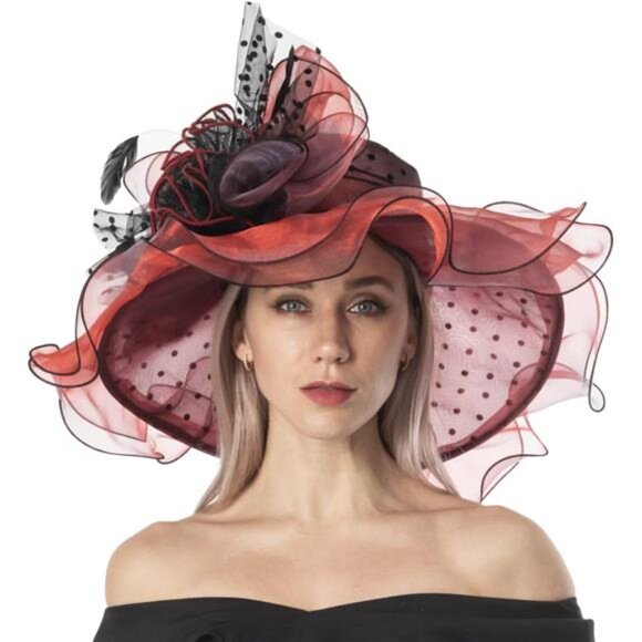 Women's Organza Church Derby Hat Tea Party Red